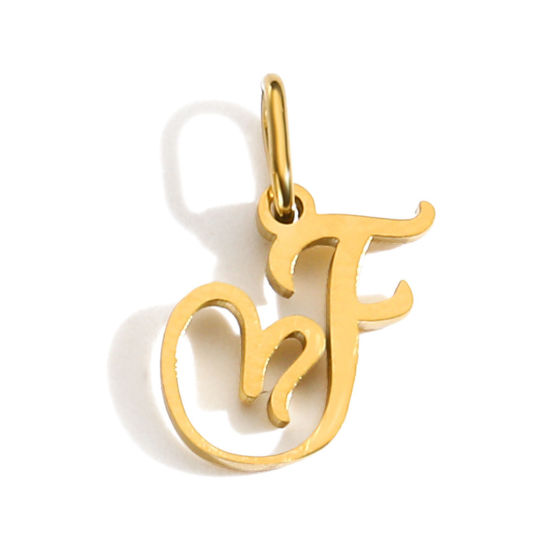 Picture of 2 PCs Eco-friendly PVD Vacuum Plating 304 Stainless Steel Charms 14K Gold Plated Capital Alphabet Initial Letter Heart Message " F " With Jump Ring 14mm x 9mm