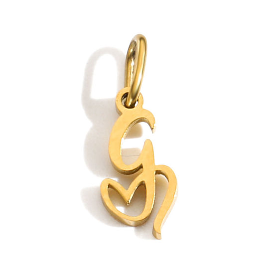 Picture of 2 PCs Eco-friendly PVD Vacuum Plating 304 Stainless Steel Charms 14K Gold Plated Capital Alphabet Initial Letter Heart Message " G " With Jump Ring 14mm x 9mm