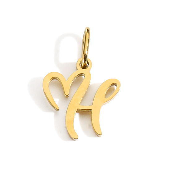 Picture of 2 PCs Eco-friendly PVD Vacuum Plating 304 Stainless Steel Charms 14K Gold Plated Capital Alphabet Initial Letter Heart Message " H " With Jump Ring 14mm x 9mm