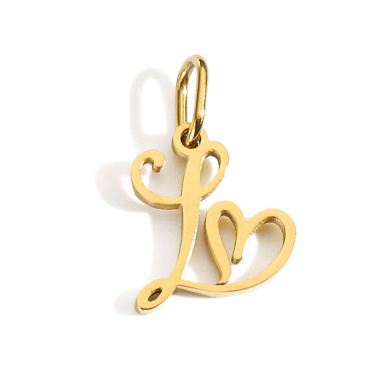 Picture of 2 PCs Eco-friendly PVD Vacuum Plating 304 Stainless Steel Charms 14K Gold Plated Capital Alphabet Initial Letter Heart Message " L " With Jump Ring 14mm x 9mm