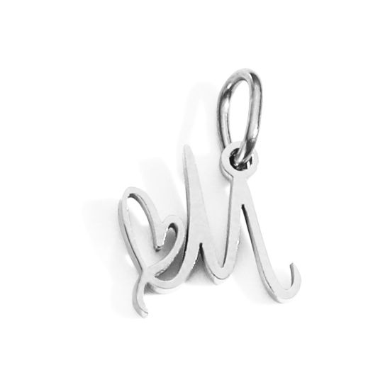 Picture of 2 PCs 304 Stainless Steel Charms Silver Tone Capital Alphabet Initial Letter Heart Message " M " With Jump Ring 14mm x 9mm