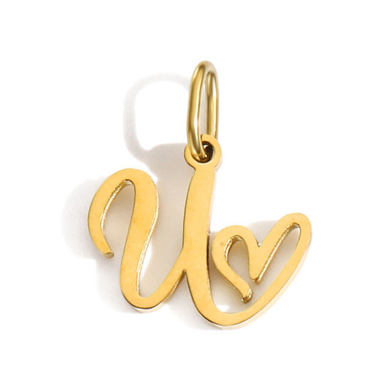 Picture of 2 PCs Eco-friendly PVD Vacuum Plating 304 Stainless Steel Charms 14K Gold Plated Capital Alphabet Initial Letter Heart Message " U " With Jump Ring 14mm x 9mm