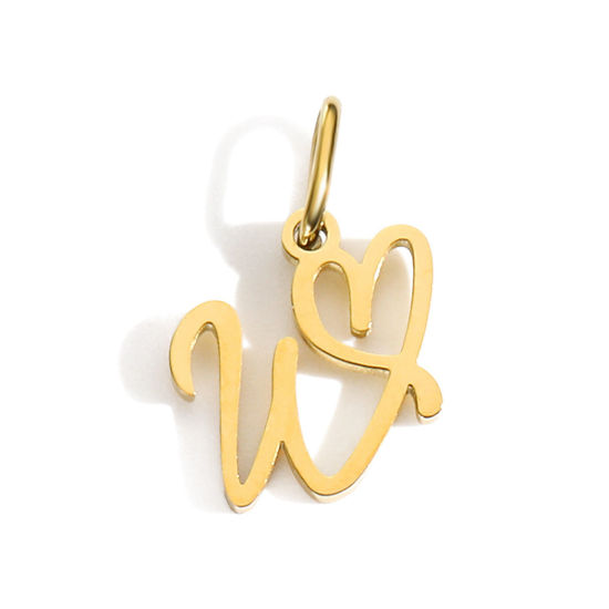 Picture of 2 PCs Eco-friendly PVD Vacuum Plating 304 Stainless Steel Charms 14K Gold Plated Capital Alphabet Initial Letter Heart Message " W " With Jump Ring 14mm x 9mm