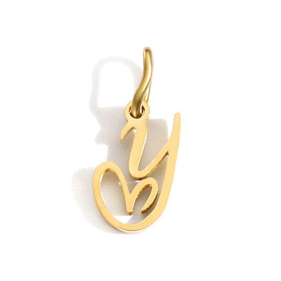 Picture of 2 PCs Eco-friendly PVD Vacuum Plating 304 Stainless Steel Charms 14K Gold Plated Capital Alphabet Initial Letter Heart Message " Y " With Jump Ring 14mm x 9mm