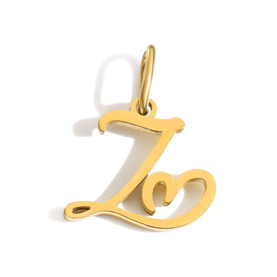 Picture of 2 PCs Eco-friendly PVD Vacuum Plating 304 Stainless Steel Charms 14K Gold Plated Capital Alphabet Initial Letter Heart Message " Z " With Jump Ring 14mm x 9mm