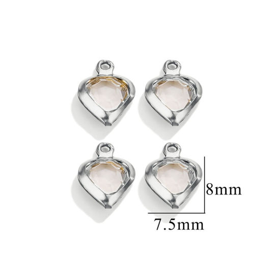 Picture of 20 PCs 304 Stainless Steel & Glass Connectors Charms Pendants Silver Tone Transparent Clear Heart 7.5mm x 8mm