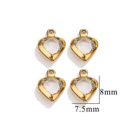 Picture of 20 PCs 304 Stainless Steel & Glass Connectors Charms Pendants Gold Plated Transparent Clear Heart 7.5mm x 8mm