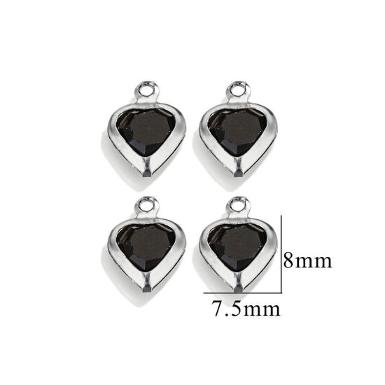 Picture of 20 PCs 304 Stainless Steel & Glass Connectors Charms Pendants Silver Tone Black Heart 7.5mm x 8mm