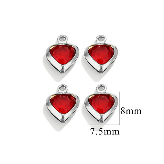 Picture of 20 PCs 304 Stainless Steel & Glass Connectors Charms Pendants Silver Tone Red Heart 7.5mm x 8mm