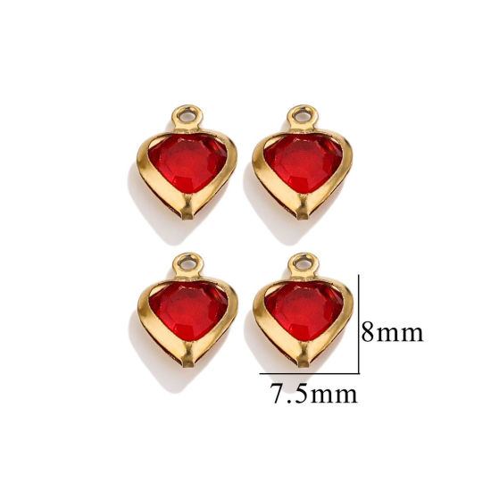 Picture of 20 PCs 304 Stainless Steel & Glass Connectors Charms Pendants Gold Plated Red Heart 7.5mm x 8mm