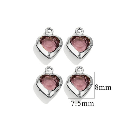 Picture of 20 PCs 304 Stainless Steel & Glass Connectors Charms Pendants Silver Tone Purple Heart 7.5mm x 8mm