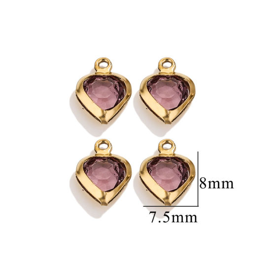 Picture of 20 PCs 304 Stainless Steel & Glass Connectors Charms Pendants Gold Plated Purple Heart 7.5mm x 8mm