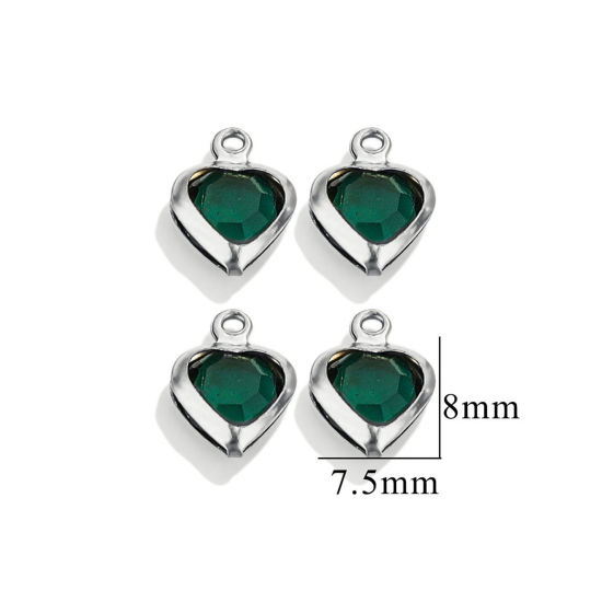 Picture of 20 PCs 304 Stainless Steel & Glass Connectors Charms Pendants Silver Tone Dark Green Heart 7.5mm x 8mm