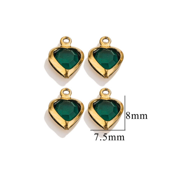 Picture of 20 PCs 304 Stainless Steel & Glass Connectors Charms Pendants Gold Plated Dark Green Heart 7.5mm x 8mm