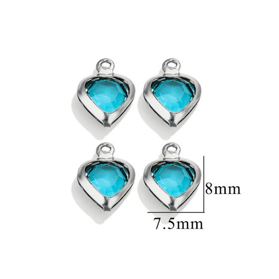 Picture of 20 PCs 304 Stainless Steel & Glass Connectors Charms Pendants Silver Tone Skyblue Heart 7.5mm x 8mm