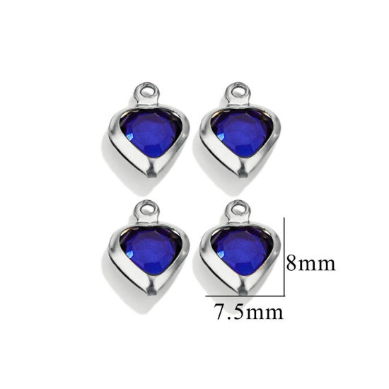 Picture of 20 PCs 304 Stainless Steel & Glass Connectors Charms Pendants Silver Tone Royal Blue Heart 7.5mm x 8mm