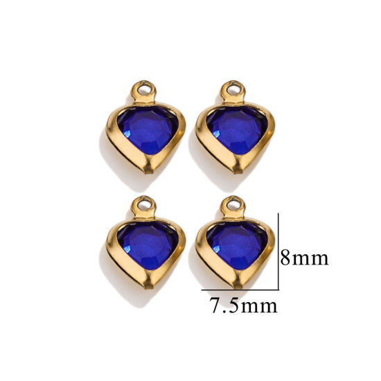 Picture of 20 PCs 304 Stainless Steel & Glass Connectors Charms Pendants Gold Plated Royal Blue Heart 7.5mm x 8mm