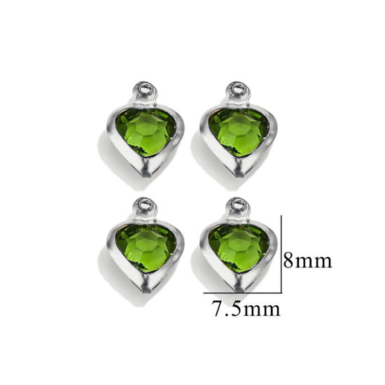 Picture of 20 PCs 304 Stainless Steel & Glass Connectors Charms Pendants Silver Tone Green Heart 7.5mm x 8mm