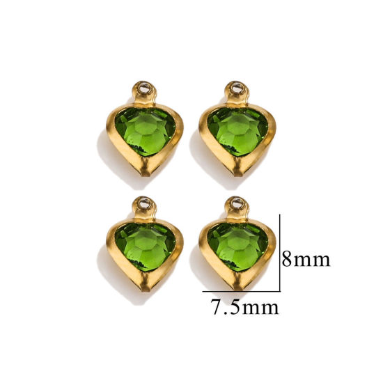 Picture of 20 PCs 304 Stainless Steel & Glass Connectors Charms Pendants Gold Plated Green Heart 7.5mm x 8mm