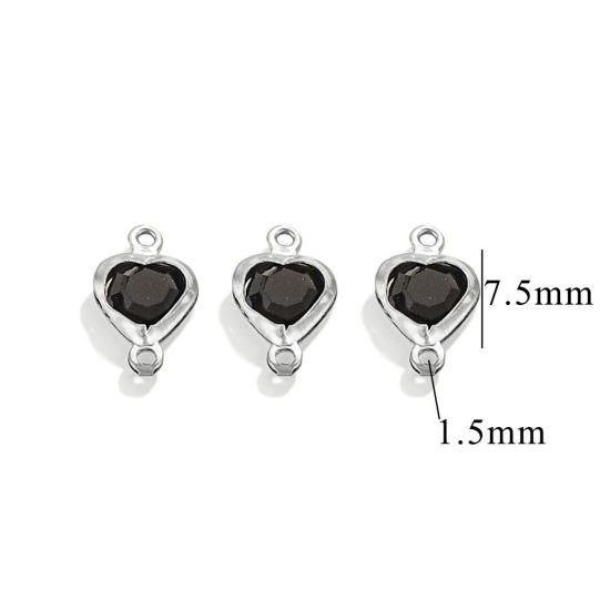 Picture of 20 PCs 304 Stainless Steel & Glass Connectors Charms Pendants Silver Tone Black Heart 7.5mm x 7.5mm