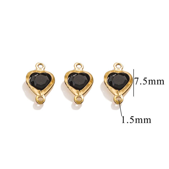 Picture of 20 PCs 304 Stainless Steel & Glass Connectors Charms Pendants Gold Plated Black Heart 7.5mm x 7.5mm