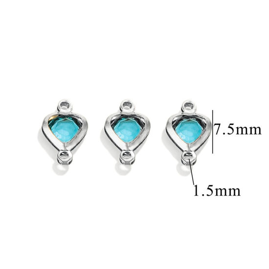 Picture of 20 PCs 304 Stainless Steel & Glass Connectors Charms Pendants Silver Tone Skyblue Heart 7.5mm x 7.5mm