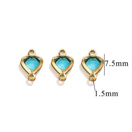 Picture of 20 PCs 304 Stainless Steel & Glass Connectors Charms Pendants Gold Plated Skyblue Heart 7.5mm x 7.5mm