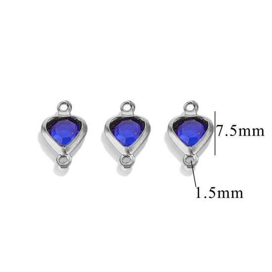 Picture of 20 PCs 304 Stainless Steel & Glass Connectors Charms Pendants Silver Tone Royal Blue Heart 7.5mm x 7.5mm