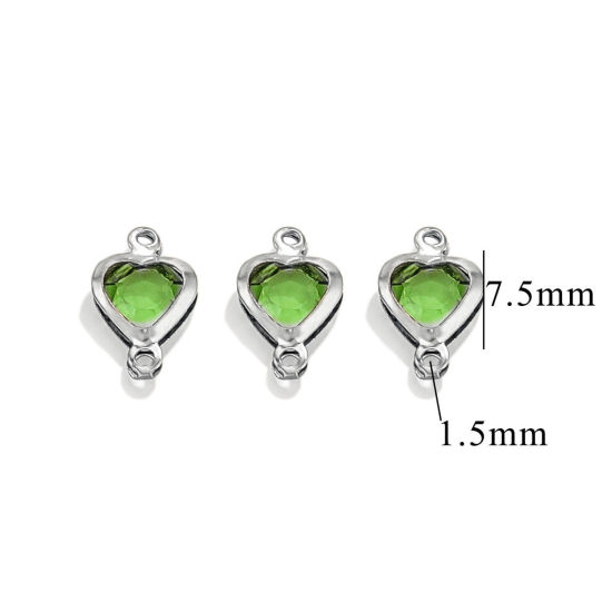 Picture of 20 PCs 304 Stainless Steel & Glass Connectors Charms Pendants Silver Tone Green Heart 7.5mm x 7.5mm