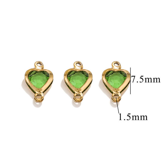 Picture of 20 PCs 304 Stainless Steel & Glass Connectors Charms Pendants Gold Plated Green Heart 7.5mm x 7.5mm