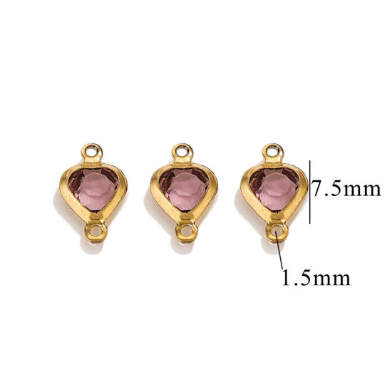 Picture of 20 PCs 304 Stainless Steel & Glass Connectors Charms Pendants Gold Plated Purple Heart 7.5mm x 7.5mm