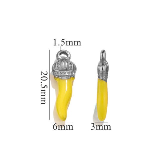 Image de 5 Pcs Breloques en 304 Acier Inoxydable Piment Argent Mat Jaune Couronnes Émail 21mm x 7mm