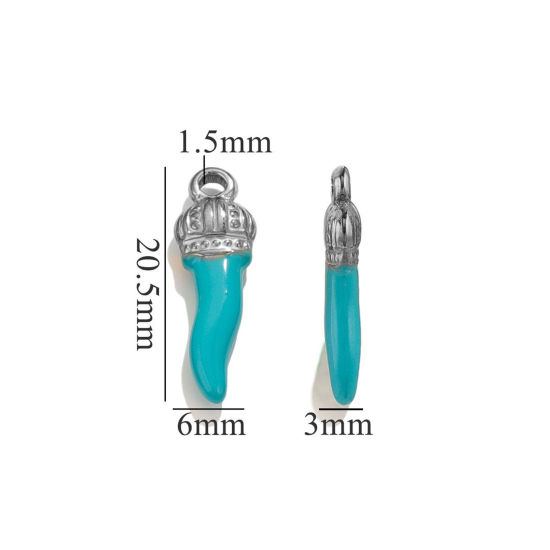 Image de 5 Pcs Breloques en 304 Acier Inoxydable Piment Argent Mat Bleu-Vert Couronnes Émail 21mm x 7mm