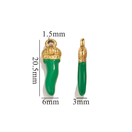 Image de 5 Pcs Breloques en 304 Acier Inoxydable Piment Plaqué Or 18K Vert Couronnes Émail 21mm x 7mm