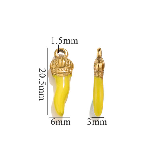 Image de 5 Pcs Breloques en 304 Acier Inoxydable Piment Plaqué Or 18K Jaune Couronnes Émail 21mm x 7mm