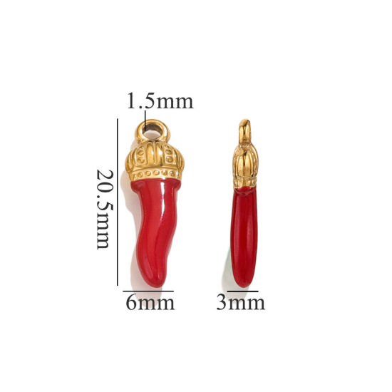 Image de 5 Pcs Breloques en 304 Acier Inoxydable Piment Plaqué Or 18K Rouge Couronnes Émail 21mm x 7mm