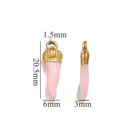 Image de 5 Pcs Breloques en 304 Acier Inoxydable Piment Plaqué Or 18K Rose Couronnes Émail 21mm x 7mm