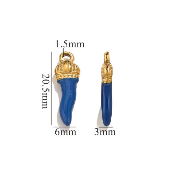 Image de 5 Pcs Breloques en 304 Acier Inoxydable Piment Plaqué Or 18K Bleu Foncé Couronnes Émail 21mm x 7mm