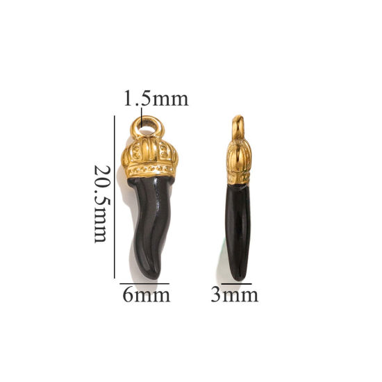 Image de 5 Pcs Breloques en 304 Acier Inoxydable Piment Plaqué Or 18K Noir Couronnes Émail 21mm x 7mm