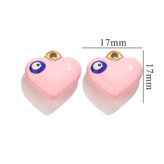 Picture of 1 Piece 304 Stainless Steel Charms 18K Gold Plated Pink Heart Evil Eye Enamel 17mm x 17mm