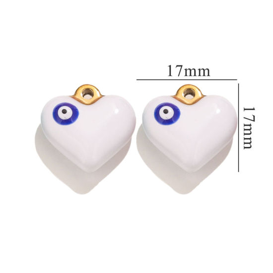 Picture of 1 Piece 304 Stainless Steel Charms 18K Gold Plated White Heart Evil Eye Enamel 17mm x 17mm