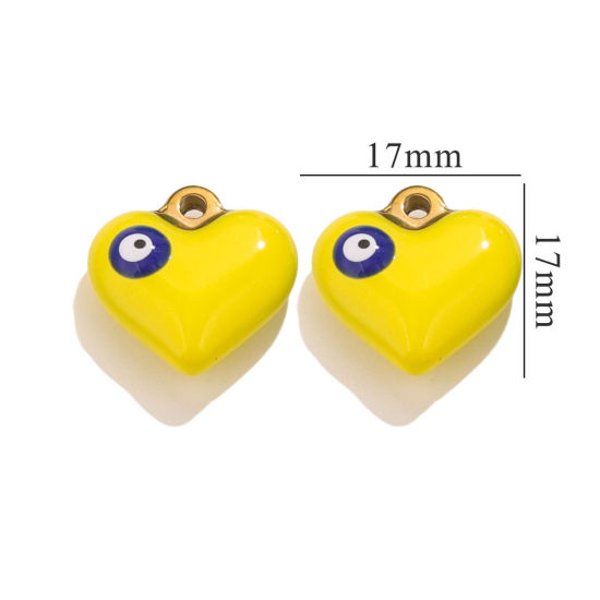 Picture of 1 Piece 304 Stainless Steel Charms 18K Gold Plated Yellow Heart Evil Eye Enamel 17mm x 17mm