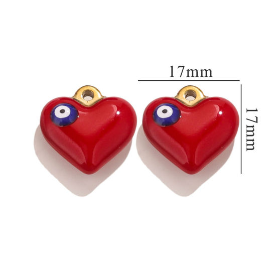 Picture of 1 Piece 304 Stainless Steel Charms 18K Gold Plated Red Heart Evil Eye Enamel 17mm x 17mm