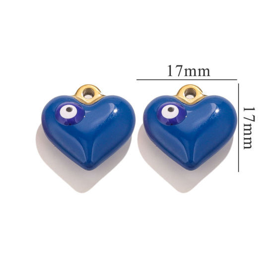 Picture of 1 Piece 304 Stainless Steel Charms 18K Gold Plated Dark Blue Heart Evil Eye Enamel 17mm x 17mm