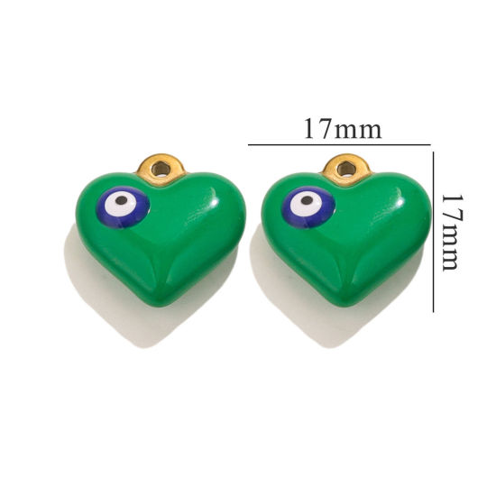 Picture of 1 Piece 304 Stainless Steel Charms 18K Gold Plated Green Heart Evil Eye Enamel 17mm x 17mm