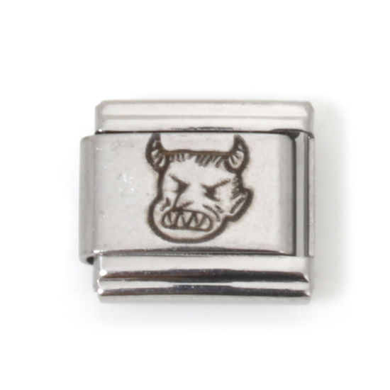 Picture of 5 PCs Stainless Steel Halloween Italian Charm Links For DIY Bracelet Jewelry Making Silver Tone Rectangle The Devil 10mm x 9mm