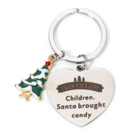 Picture of 1 Piece 304 Stainless Steel Christmas Keychain & Keyring Silver Tone Heart Christmas Tree 6.1cm x 3.3cm