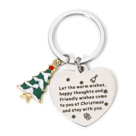 Picture of 1 Piece 304 Stainless Steel Christmas Keychain & Keyring Silver Tone Heart Christmas Tree 6.1cm x 3.3cm