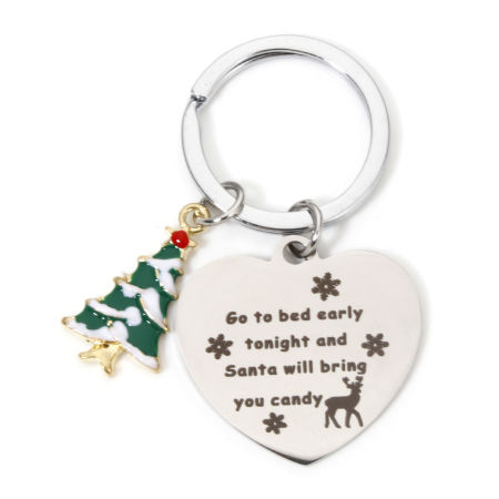 Picture of 1 Piece 304 Stainless Steel Christmas Keychain & Keyring Silver Tone Heart Christmas Tree 6.1cm x 3.3cm