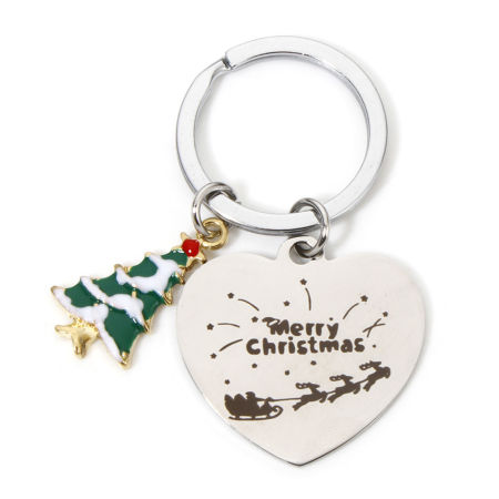 Picture of 1 Piece 304 Stainless Steel Christmas Keychain & Keyring Silver Tone Heart Christmas Tree 6.1cm x 3.3cm